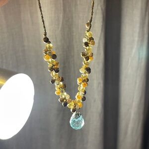 y2k semiprecious lariat Y necklace with round beads clear blue glass pendant‎